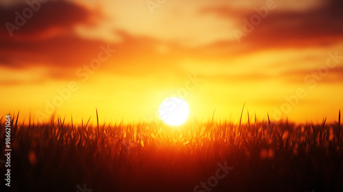 A beautiful sunset over a grassy field, casting warm golden light, perfect for nature and landscape themes.