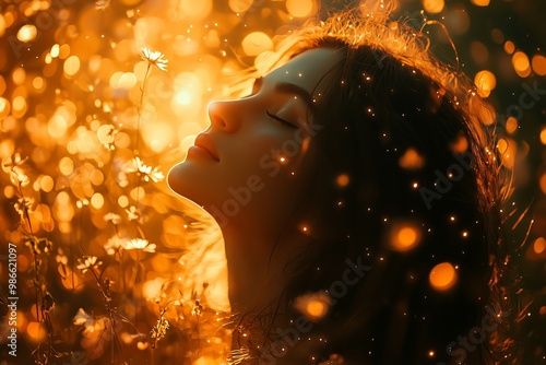 A woman stands in a field of wildflowers, bathed in golden light, as the sun sets