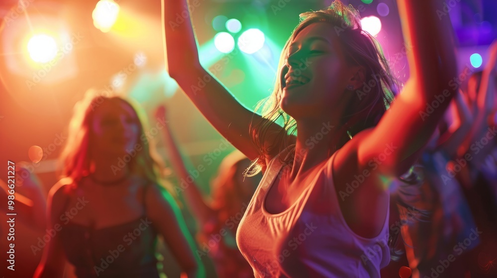 Obraz premium Young happy people are dancing in club. Nightlife and disco concept