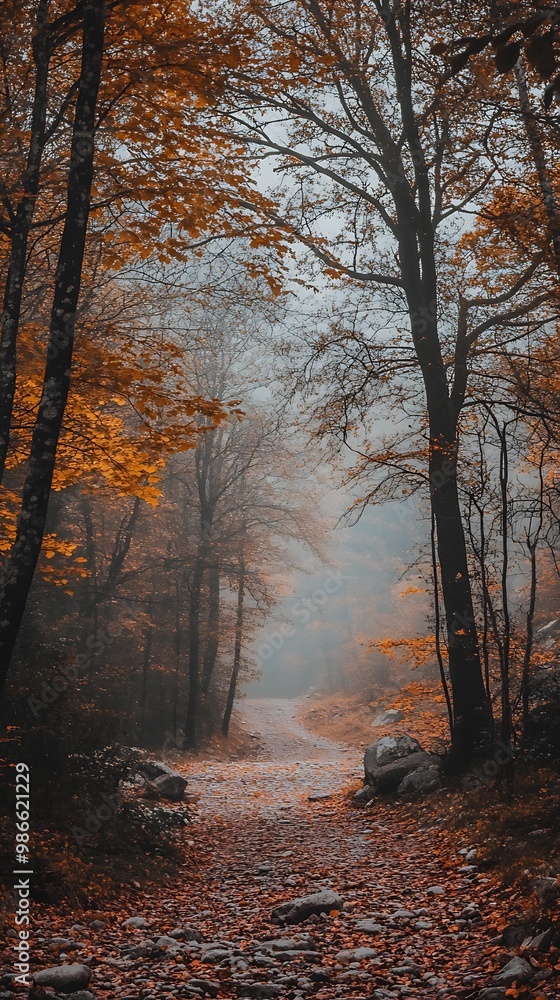 Obraz premium Mysterious foggy autumn forest path with fallen leaves