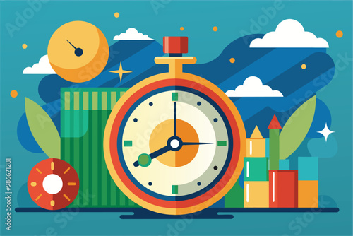 A bright stopwatch stands prominently against stylized city buildings and fluffy clouds, depicting urgency, Be punctual and provide a simple illustration.
