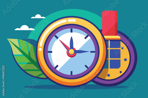 A vibrant clock alongside a stopwatch is featured, set against a green background with leaf elements, Be punctual and provide a simple illustration.