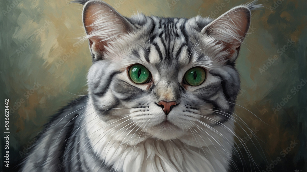 Obraz premium fluffy Chinchilla cat, its fur a shimmering blend of silver and white, effortlessly elegant and poised. regal aura and soft, cloud-like coat. The emerald green eyes gaze