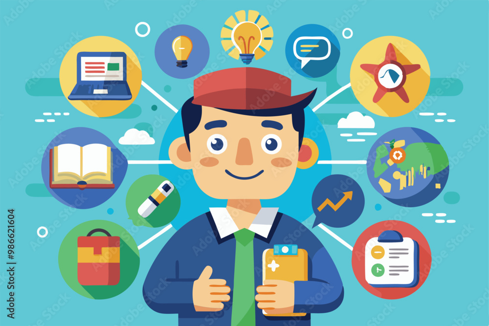 A cheerful character holds a clipboard surrounded by various icons representing creativity and productivity, Benefits of Customizable Cartoon Illustration A cheerful character holds a clipboard surrounded by various icons representing creativity and productivity, Benefits of Customizable Cartoon Illustration