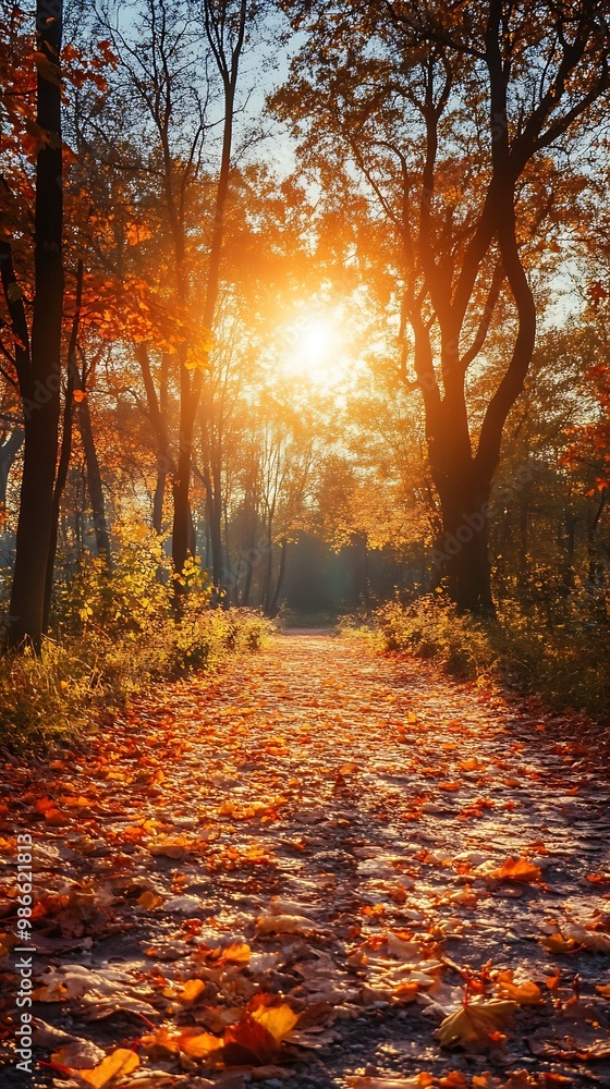 Fototapeta premium Sun shining through trees in autumn forest with path covered in leaves
