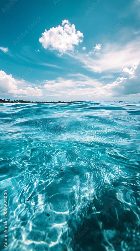 Fototapeta premium Turquoise ocean water with white clouds in blue summer sky