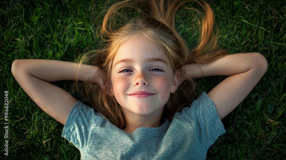 Girl (8-10) on grass, smiling portrait Girl (8-10) on grass, smiling portrait