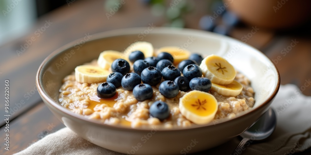 A delicious bowl of oatmeal topped with fresh blueberries and banana slices, perfect for health-focused culinary or wellness projects. A delicious bowl of oatmeal topped with fresh blueberries and banana slices, perfect for health-focused culinary or wellness projects.