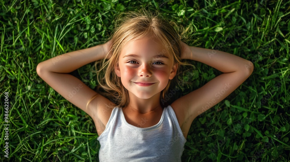 Girl (8-10) on grass, smiling Girl (8-10) on grass, smiling