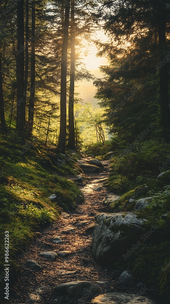 Obraz premium Sunlight Shining Through Trees in Forest Path