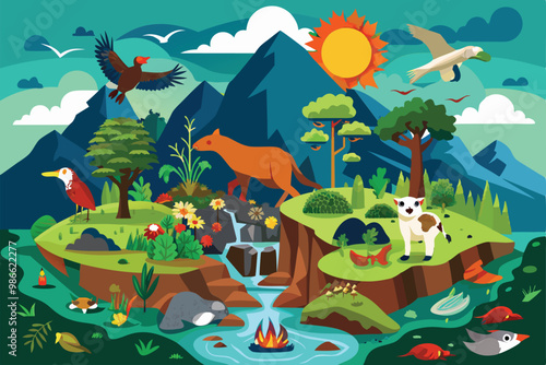 An illustration depicts the impact of biodiversity loss through various plants and animals in a lush environment, Biodiversity loss illustration