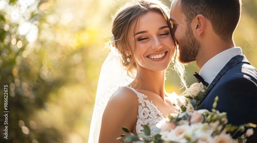 Blushing bride and beaming groom.