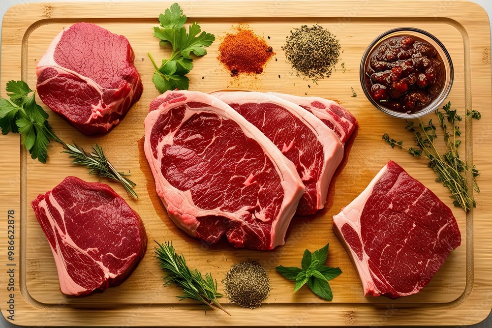 Whimsical Chopping Board Displaying Marbled Beef Steak Varieties with Aromatic Spices for Grilling