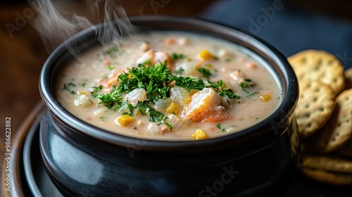 A steaming hot bowl of chowder with chunks of seafood, garnished with parsley and served with a side of oyster crackers.