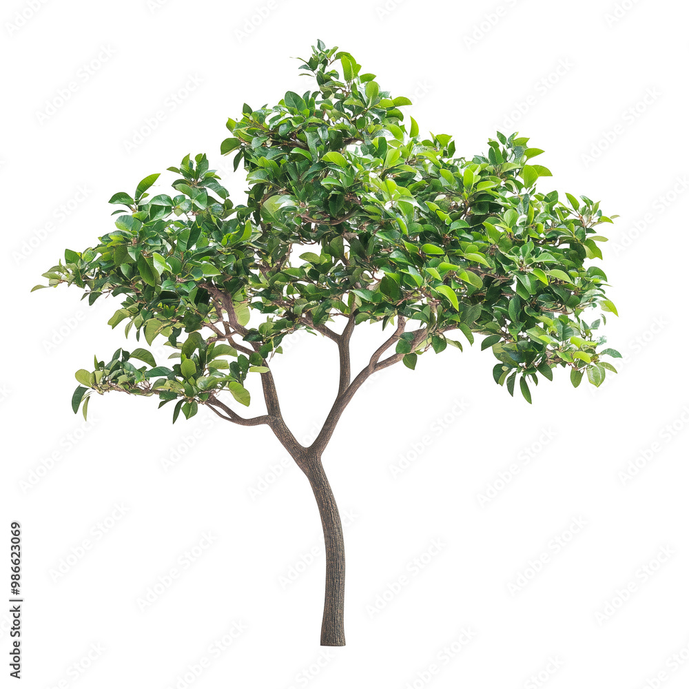 Obraz premium Lush guava tree with ripe green and yellow guavas hanging from its vibrant branches, isolated on a white background, showcasing the tropical sweetness and refreshing taste of this nutritious fruit