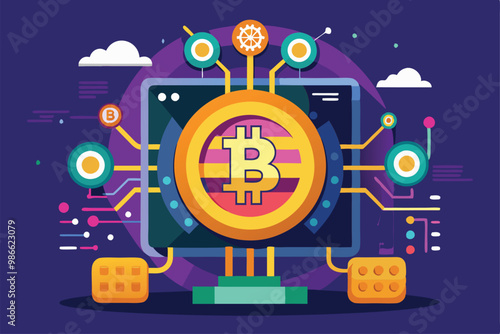 A visually striking digital design featuring bitcoin surrounded by colorful tech elements, Bitcoin Customizable Disproportionate Image