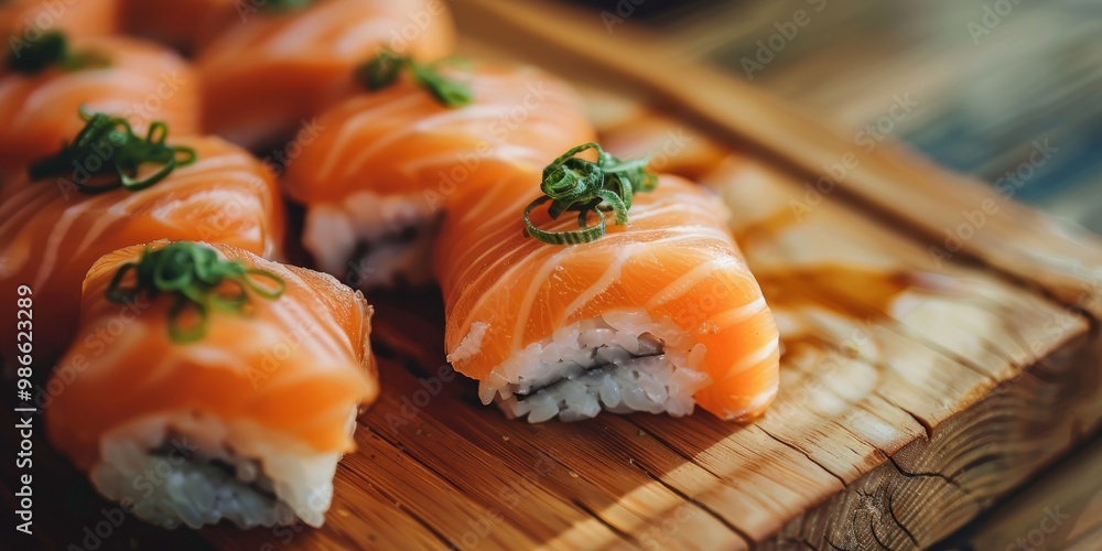 Sushi rolls made with salmon displayed on a weathered wooden tabletop