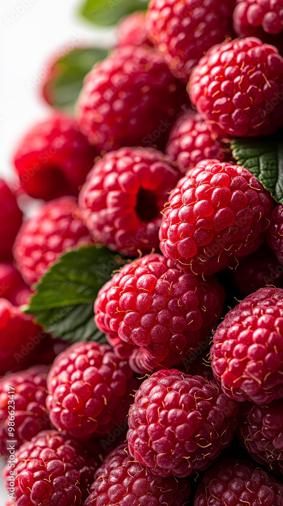 Close up of ripe red raspberries with green leaves. Close up of ripe red raspberries with green leaves.