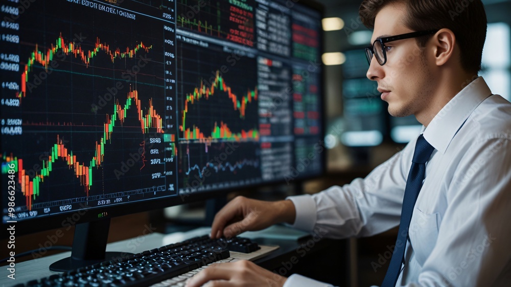 Professional stock trader in a business suit intensely analyzes fluctuating financial data on multiple monitors in a modern office setting Professional stock trader in a business suit intensely analyzes fluctuating financial data on multiple monitors in a modern office setting