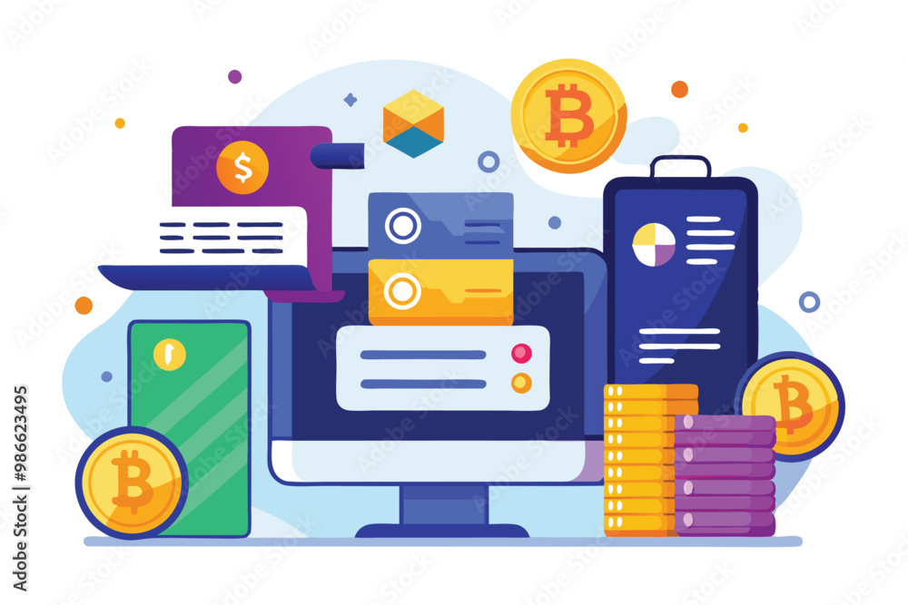This illustration showcases digital storage solutions for bitcoin data alongside cryptocurrency icons, Bitcoin data and document storage, illustrated flatly. This illustration showcases digital storage solutions for bitcoin data alongside cryptocurrency icons, Bitcoin data and document storage, illustrated flatly.