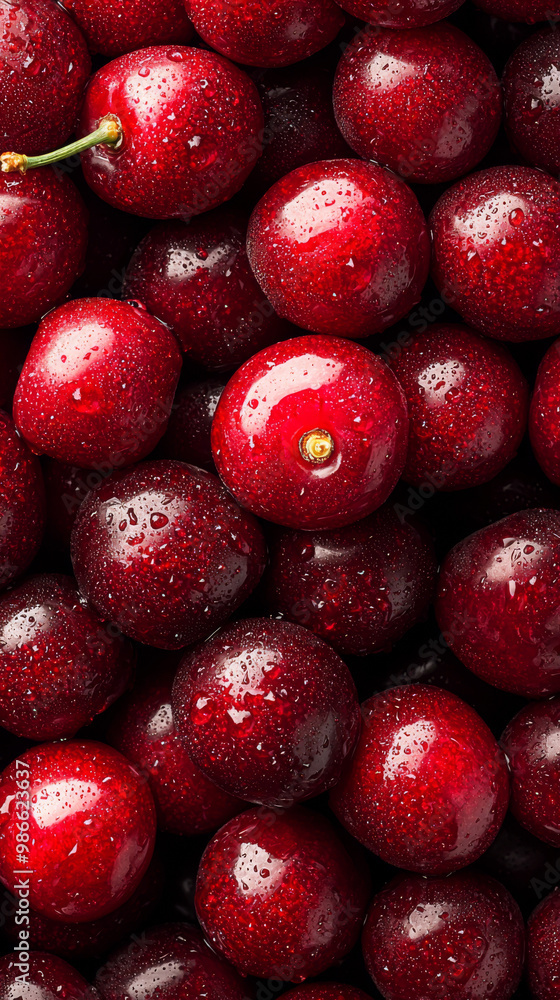 Close-up of a cluster of red cherries, glistening with dew drops. Close-up of a cluster of red cherries, glistening with dew drops.