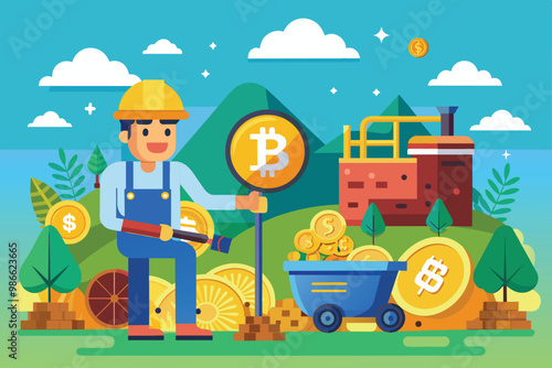 A miner happily digs for cryptocurrency in a colorful setting filled with coins, trees, and a factory, Bitcoin mining, flat illustration