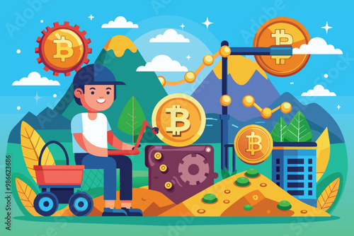 A miner operates equipment to extract cryptocurrency in a colorful outdoor setting amid mountains, Bitcoin mining, flat illustration