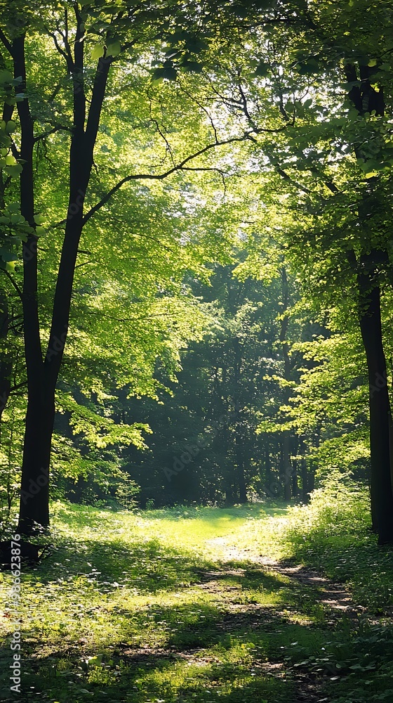 Fototapeta premium Sunlight shining through trees in a forest path, nature and environment background