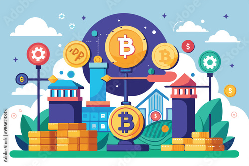 A colorful depiction of bitcoin scales balanced with coins and stacks against a whimsical backdrop, Bitcoin p2p Customizable Disproportionate Illustration simplified.