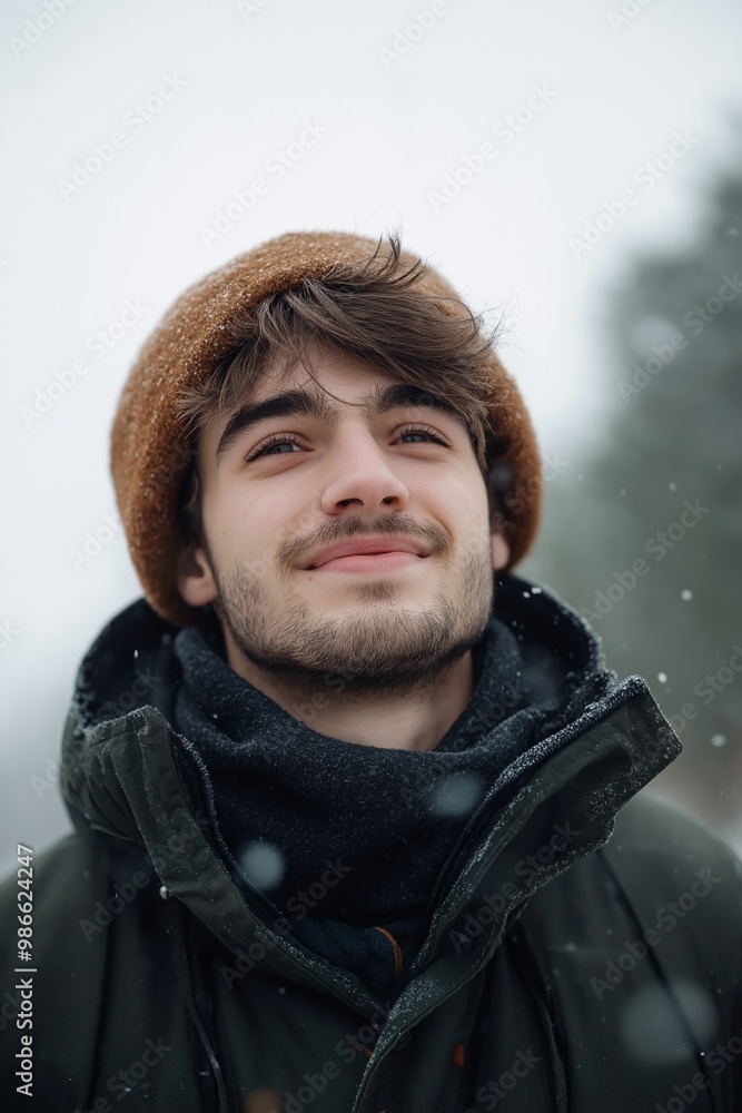 A man wearing a brown hat and a black coat is smiling