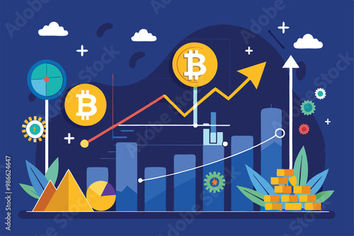 Detailed representation of bitcoin trading trends showing growth and various graphical indicators, Bitcoin trading trends, illustrated as either trending or flat.