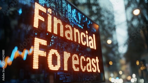 Futuristic Financial Forecast Concept with 3D Text on Electronic Display and Predictive Graphs photo