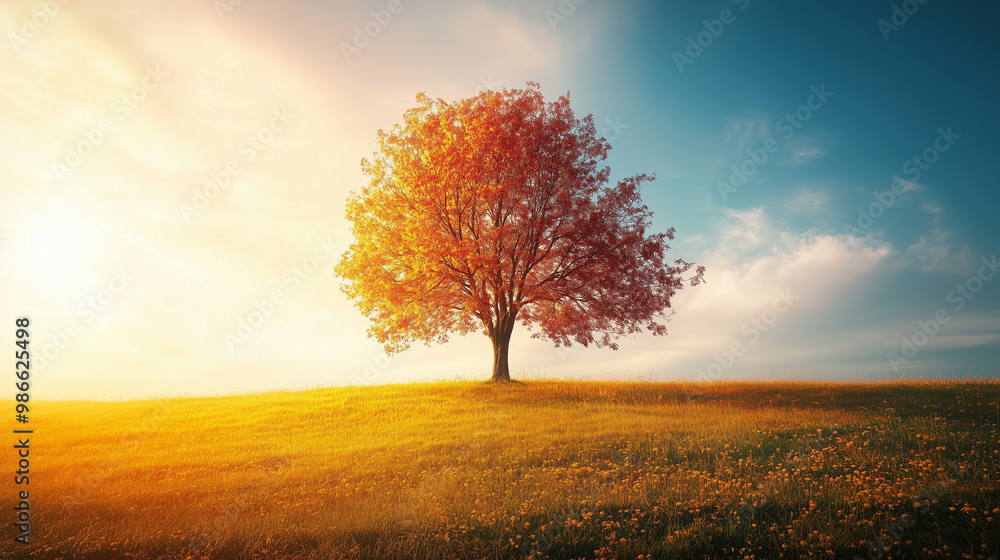 Fototapeta premium Tree with vibrant red leaves on autumn hillside
