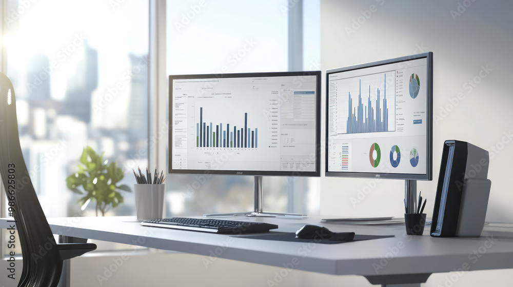 modern analytical workspace with urban skyline view modern analytical workspace with urban skyline view