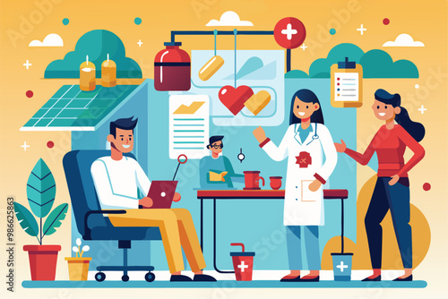 A vibrant illustration depicting a blood donation center with staff assisting donors in a friendly environment, Blood donation illustration, customizable and semi-flat.