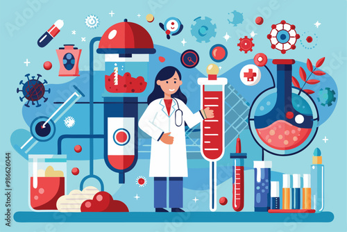 A researcher in a lab coat explores blood research with various scientific tools and test subjects, Blood research illustration, customizable and semi-flat.