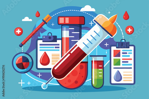 An illustration featuring laboratory equipment for blood testing and customizable health charts, Blood test illustration with customizable design.