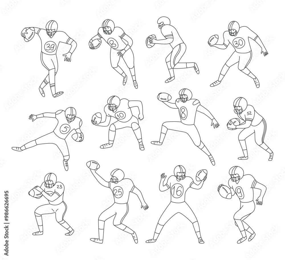 Naklejka premium Set of american football players with football ball in different dynamic characteristic poses. Sport. Vector doodle linear illustration