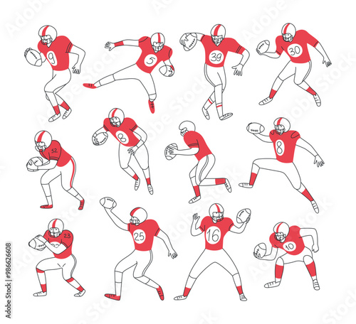 Set of american football players with football ball in different dynamic characteristic poses. Sport. Players in red uniform. Vector doodle linear illustration