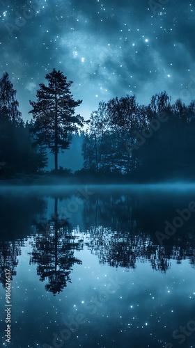 Night sky with stars reflected in a calm lake with trees on the shoreline