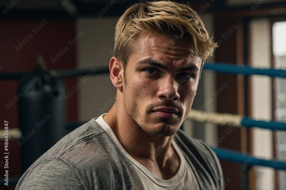 Intense young boxer showcasing determination and focus in the gym before a training session. Intense young boxer showcasing determination and focus in the gym before a training session.