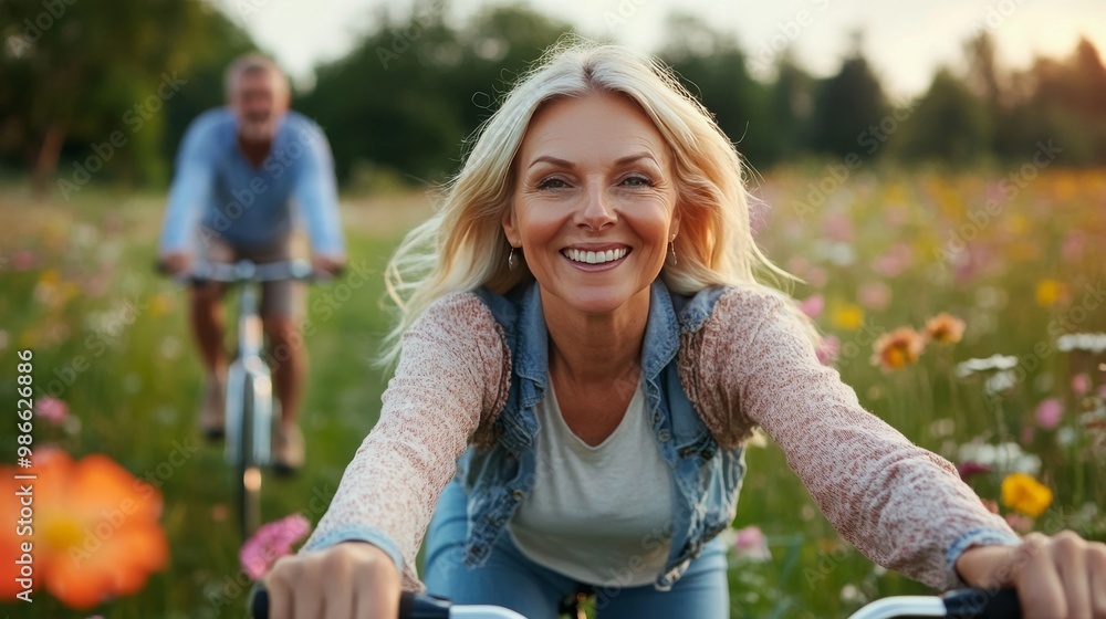 Smiling elderly woman biking in flower field with husband nearby
