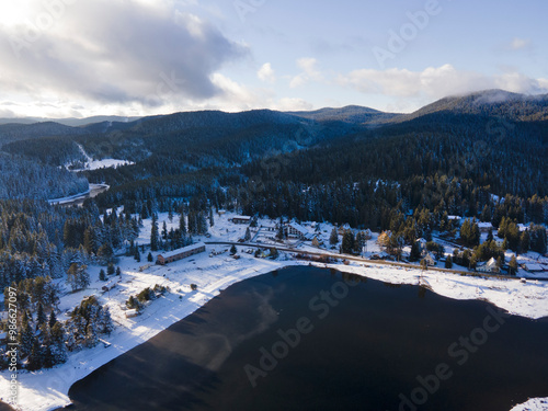 Aerial winter view of Shiroka polyana (Wide meadow) Reservoir, Bulgaria photo