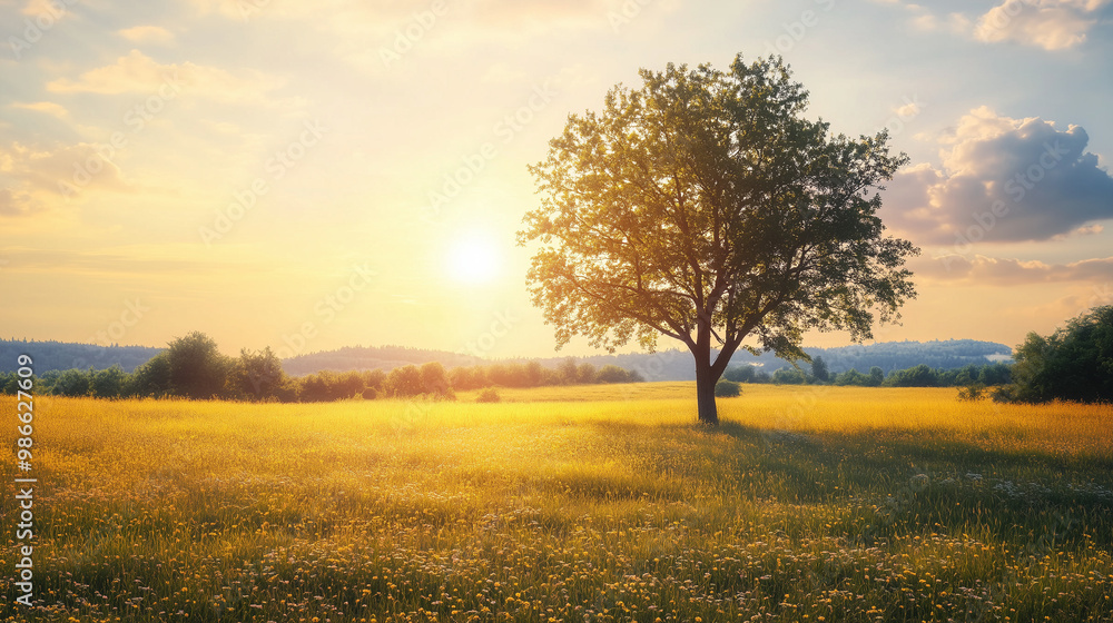 Fototapeta premium Lone tree in bright field under sunset glow