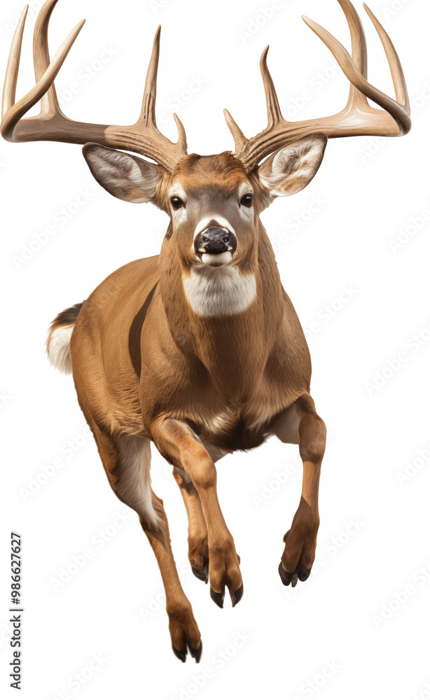 Naklejka premium a white-tailed deer buck (Odocoileus virginianus) with antlers in motion, full body, side 3/4 view in a PNG, Nature-themed, isolated, and transparent photorealistic illustration. Generative ai