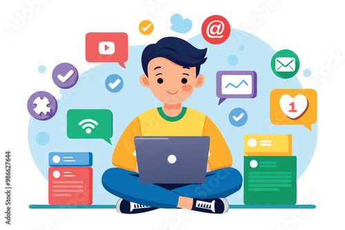 A young boy sits cross-legged on the floor, using a laptop while interacting with various social media icons, Boy using popular social media, depicted in a simple illustration.