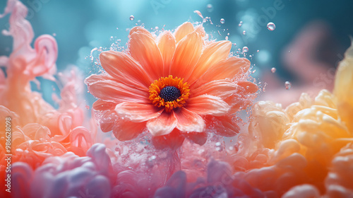 Vibrant Gerbera Immersed in Watercolor Hues Sublime Blossom Amidst Surreal Aqua Swirls Abstract Background photo