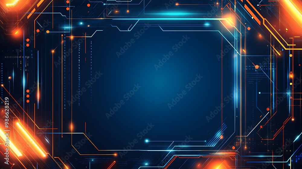 Fototapeta premium Abstract digital technology background with glowing lines and a central empty space for text or logo.