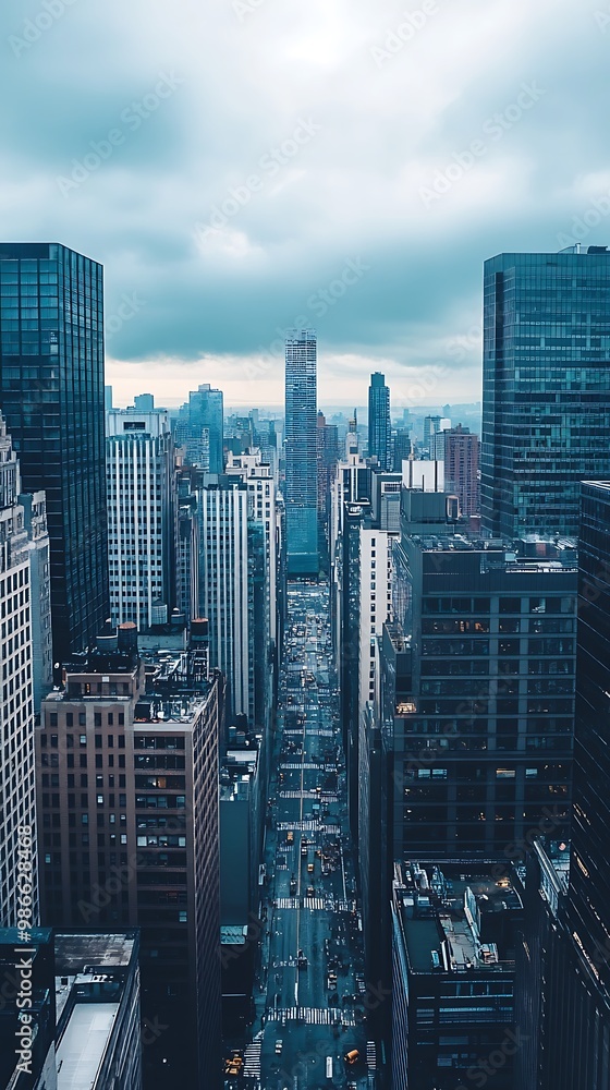 Obraz premium Aerial view of a city with skyscrapers and cloudy sky, urban landscape photo