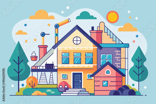 A colorful flat drawing depicts a house being constructed, featuring trees and a bright sun overhead, Building a house, flat drawing.